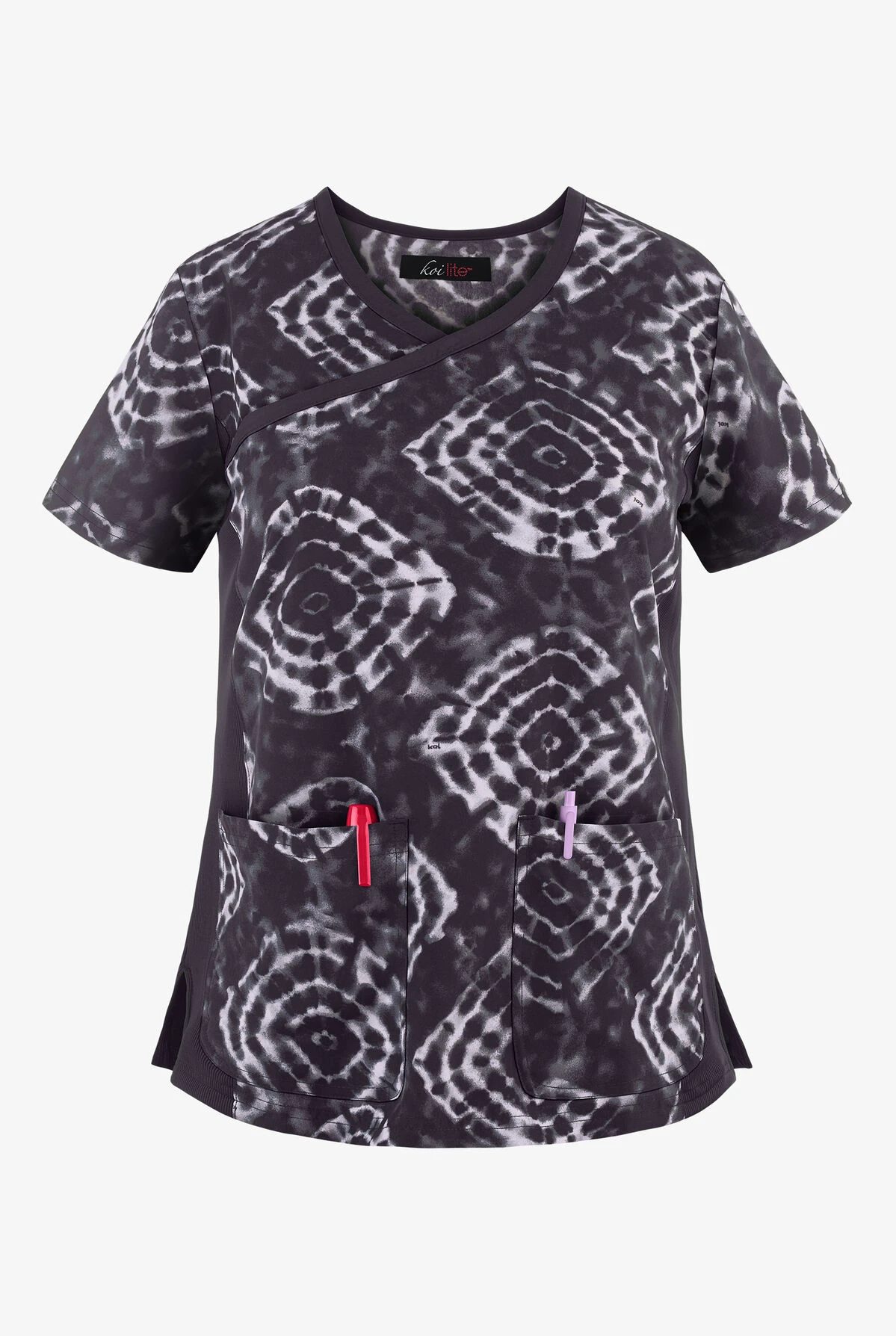 Koi Lite⢠Raquel Tribal Tie Dye Women's 2-Pocket Mock Wrap STRETCH Print Scrub Top