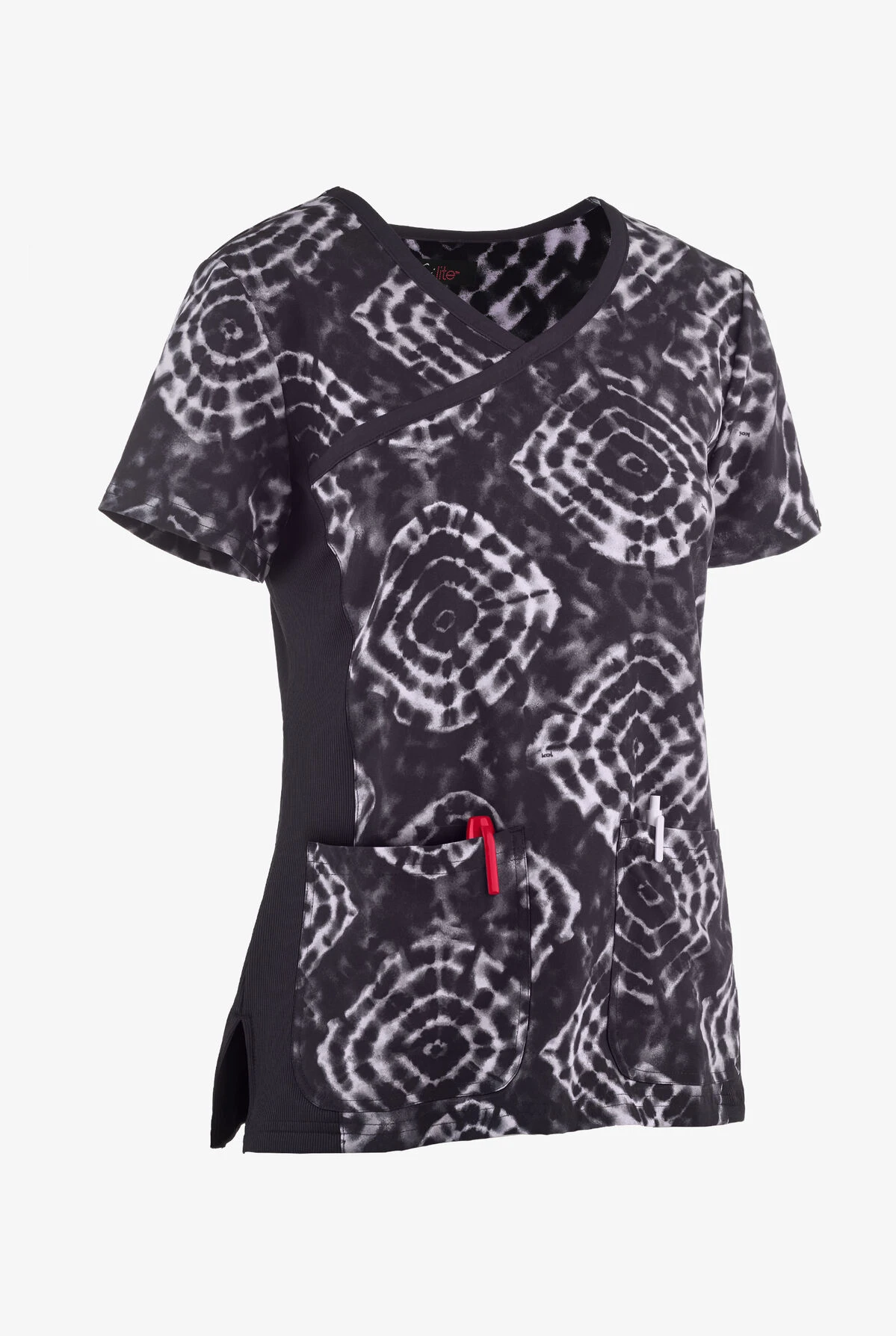 Koi Lite⢠Raquel Tribal Tie Dye Women's 2-Pocket Mock Wrap STRETCH Print Scrub Top - Image 3