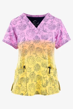 Maevn Morning Sunrise Floral Women's 3-Pocket STRETCH V-Neck Print Scrub Top