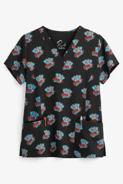 Maevn Superhero Women's 3-Pocket V-Neck Print Scrub Top