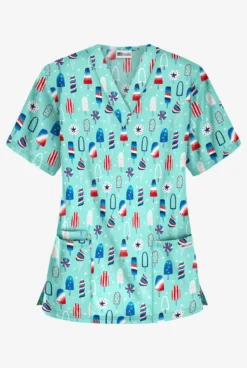 Best Buy Ice Cream Celebration Blue Women's 3-Pocket V-Neck Print Scrub Top
