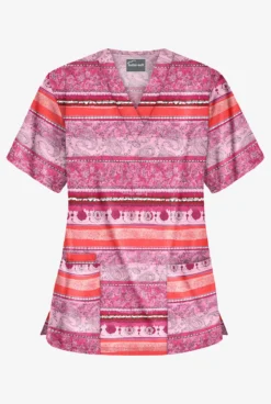 Butter-Soft Delhi Stripe Red Women's 3-Pocket V-Neck Print Scrub Top