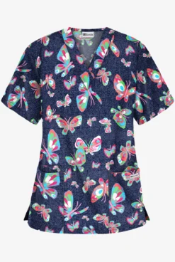 UA Best Buy Butterfly Dance Navy Women's 3-Pocket V-Neck Print Scrub Top