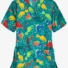 Butter-Soft Colorful Dinos Teal Women's 2-Pocket V-Neck Print Scrub Top