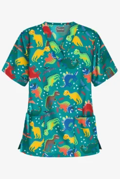 Butter-Soft Colorful Dinos Teal Women's 2-Pocket V-Neck Print Scrub Top