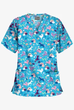 UA Butter-Soft Unicorn Adventure Turquoise Women's 2-Pocket V-Neck Print Scrub Top