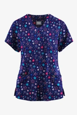 Butter-Soft Originals Summer Starburst Navy Women's 6-Pocket Scallop Neck Printed Scrub Top 