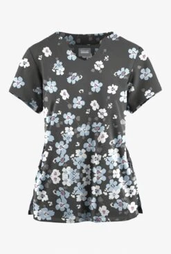 Butter-Soft Originals Boho Floral Pewter Women's 2-Pocket Scallop Neck Printed Scrub Top