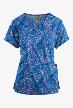 Butter-Soft Elegant Paisley Royal Women’s 4-Pocket V Notch-Neck Printed Scrub Top