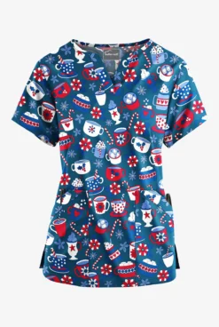 Butter-Soft Xmas Coco Caribbean Blue Women’s 4-Pocket V Notch-Neck Printed Scrub Top