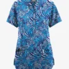 Butter-Soft Originals Abstract Zebra Turquoise Women's 6-Pocket Mandarin Collar Printed Scrub Top 