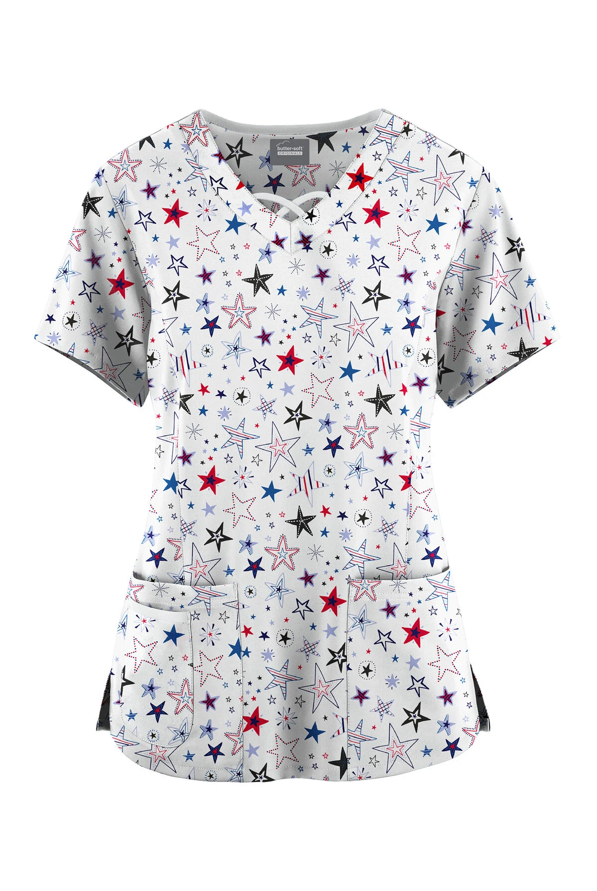 Butter-Soft Originals Summer Starburst Women's 3-Pocket Criss Cross Printed Scrub TopÂ