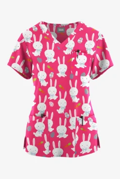 Butter-Soft Originals Easter Egg Hunt Fuchsia Women's 7-Pocket Curved V-Neck Printed Scrub Top 