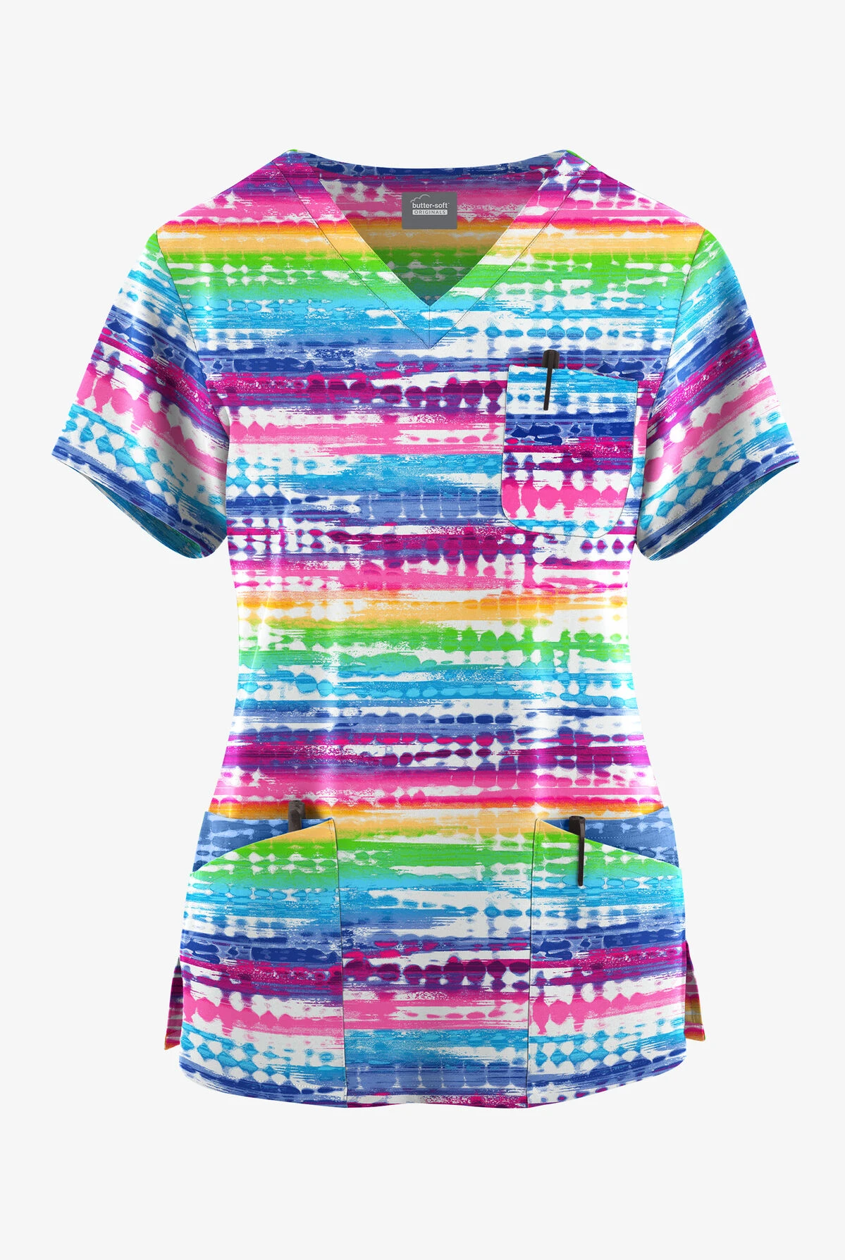 Butter-Soft Originals Rio Stripe Women's 7-Pocket Curved V-Neck Printed Scrub TopĀ