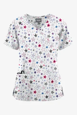 Butter-Soft Originals Summer Starburst Women's 3-Pocket Mock Wrap With Ties Printed Scrub Top 