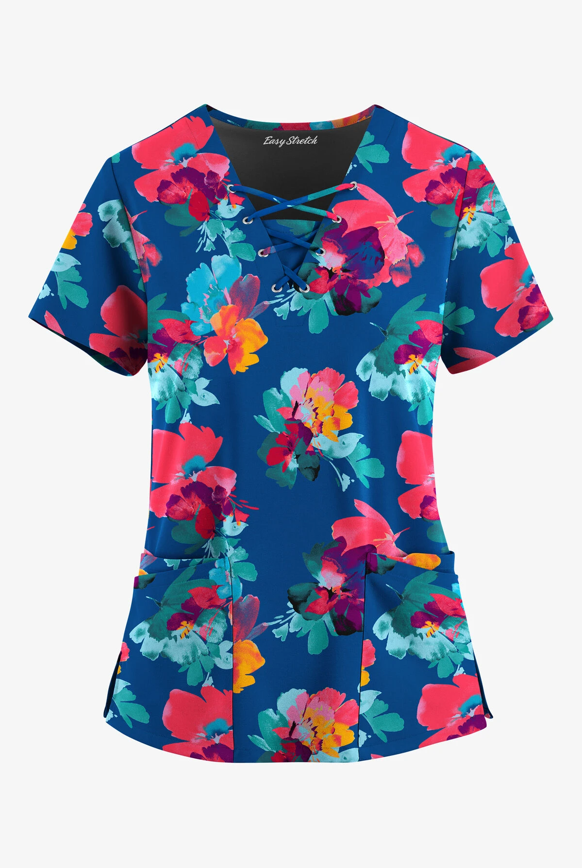Easy STRETCH By Butter-Soft™ Sweet Blossoms Royal Women's 4-Pocket Lace Up V-Neck Printed Scrub Top