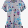 Butter-Soft Originals Floral Splash Silver Women's 4-Pocket Rounded V-Neck Printed Scrub Top