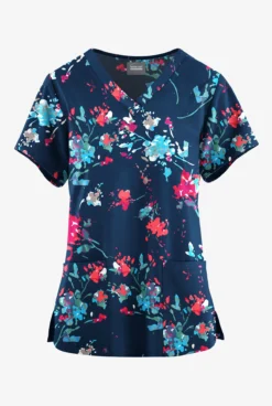 Butter-Soft Originals Floral Splash Navy Women's 4-Pocket Rounded V-Neck Printed Scrub Top
