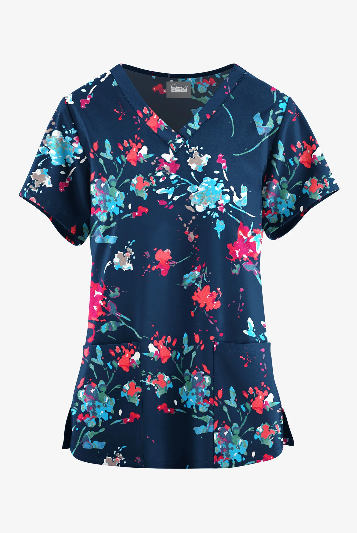 Butter-Soft Originals Floral Splash Navy Women's 4-Pocket Rounded V-Neck Printed Scrub Top