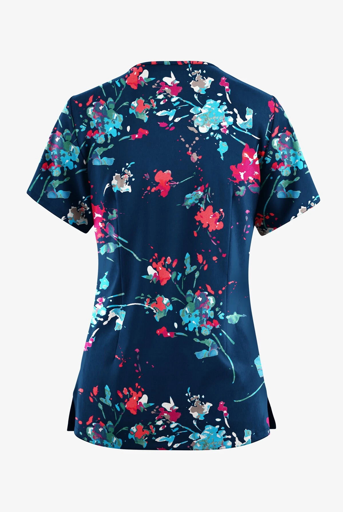Butter-Soft Originals Floral Splash Navy Women's 4-Pocket Rounded V-Neck Printed Scrub Top - Image 2