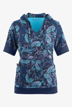 Easy STRETCH By Butter-Soft™ Paisley Tie Dye Women's 3-Pocket Short Sleeve Pull-Over Scrub Hoodie