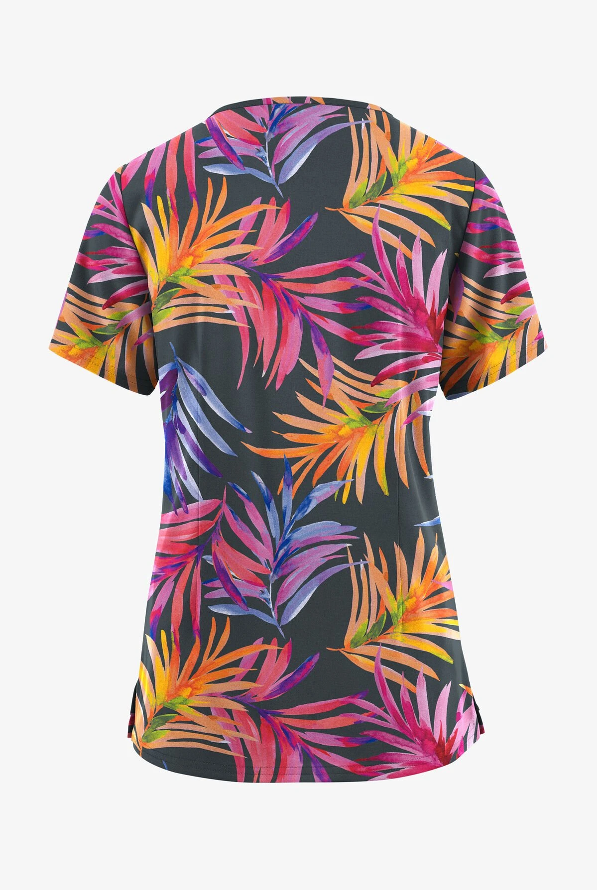 Easy STRETCH By Butter-Soft™ Flower Splash Pewter Women's 4-Pocket Zip Curved Neck Printed Scrub Top - Image 2