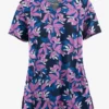 Butter-Soft STRETCH Happy Morning Floral Navy Women's 4-Pocket Notch Neck Print Scrub Top