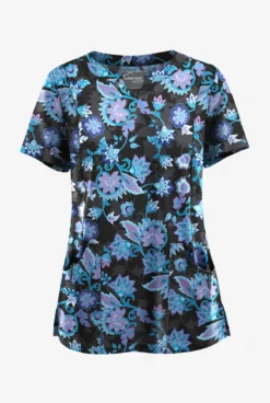 UA Butter-Soft STRETCH Jacobean Spring Womenâs 4-Pocket Notch-Neck Printed Scrub Top