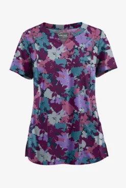 Butter-Soft STRETCH Layered Floral Navy Women's 4-Pocket Notch Neck Print Scrub Top