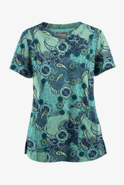 UA Butter-Soft STRETCH Mixed Medallion Navy Womenâs 4-Pocket Notch-Neck Print Scrub Top