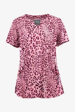 UA Butter-Soft STRETCH Summer Animal Wine Womenâs 4-Pocket Notch-Neck Printed Scrub Top