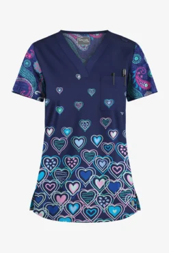 Butter-Soft STRETCH Hearts & Paisley Women's 1-Pocket V-Neck Tuck-In Mixed Print Scrub Top