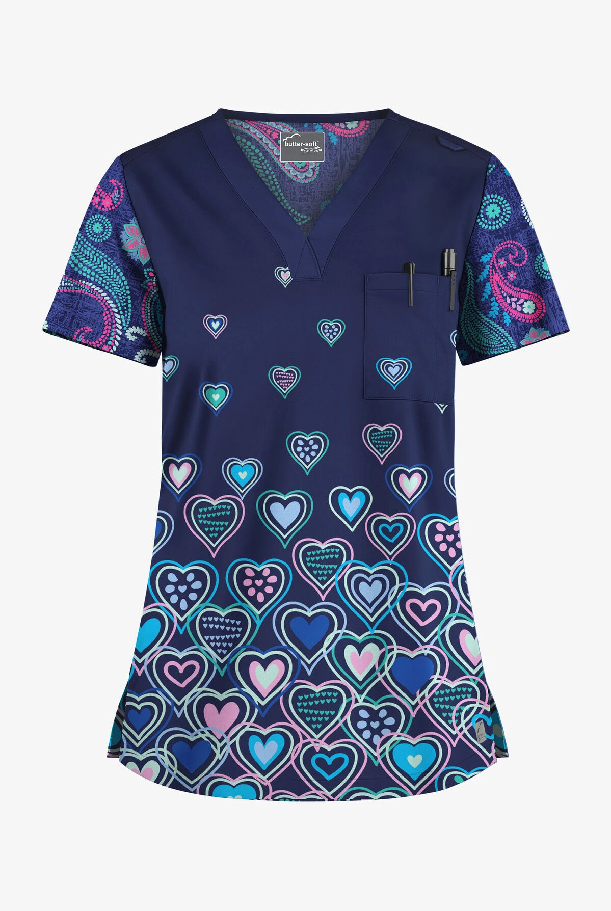 Butter-Soft STRETCH Hearts & Paisley Women's 1-Pocket V-Neck Tuck-In Mixed Print Scrub Top