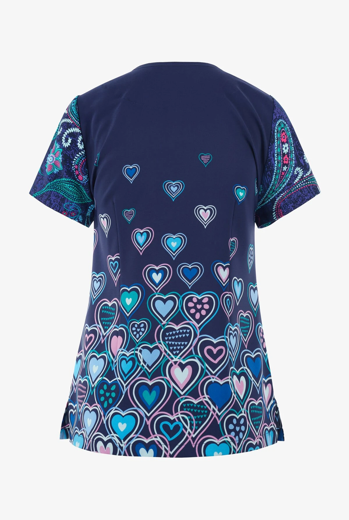 Butter-Soft STRETCH Hearts & Paisley Women's 1-Pocket V-Neck Tuck-In Mixed Print Scrub Top - Image 2