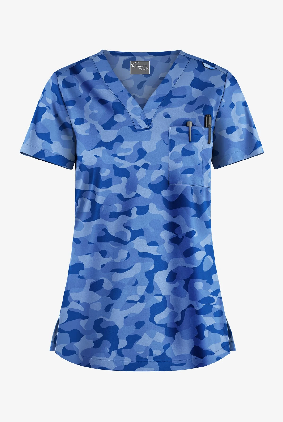 UA Butter-Soft STRETCH Camo Puzzle Royal Women's 1-Pocket V-Neck Print Scrub Top