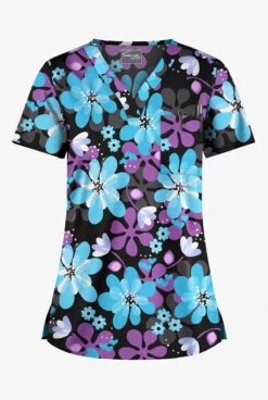 UA Butter-Soft STRETCH Fantasy Flora Black Printed Women's 1-Pocket V-Neck Tuck-In Scrub Top