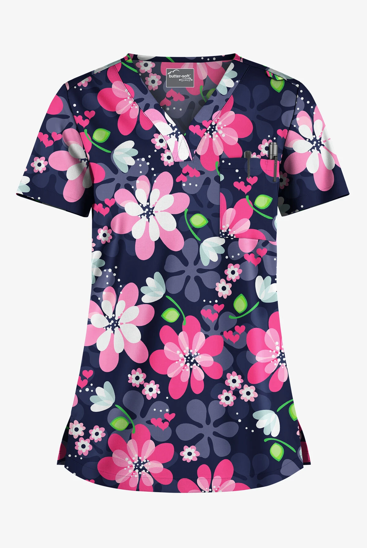 UA Butter-Soft STRETCH Fantasy Flora Navy Women's 1-Pocket V-Neck Tuck-In Printed Scrub Top