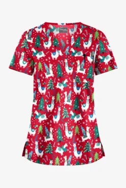 Butter-Soft Holiday Llamas Red Women's 1-Pocket V-Neck Tuck-In Print Scrub Top