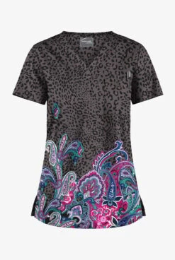 UA Butter-Soft STRETCH Jungle Paisley Pewter Women's 1-Pocket V-Neck Tuck-In Printed Scrub Top