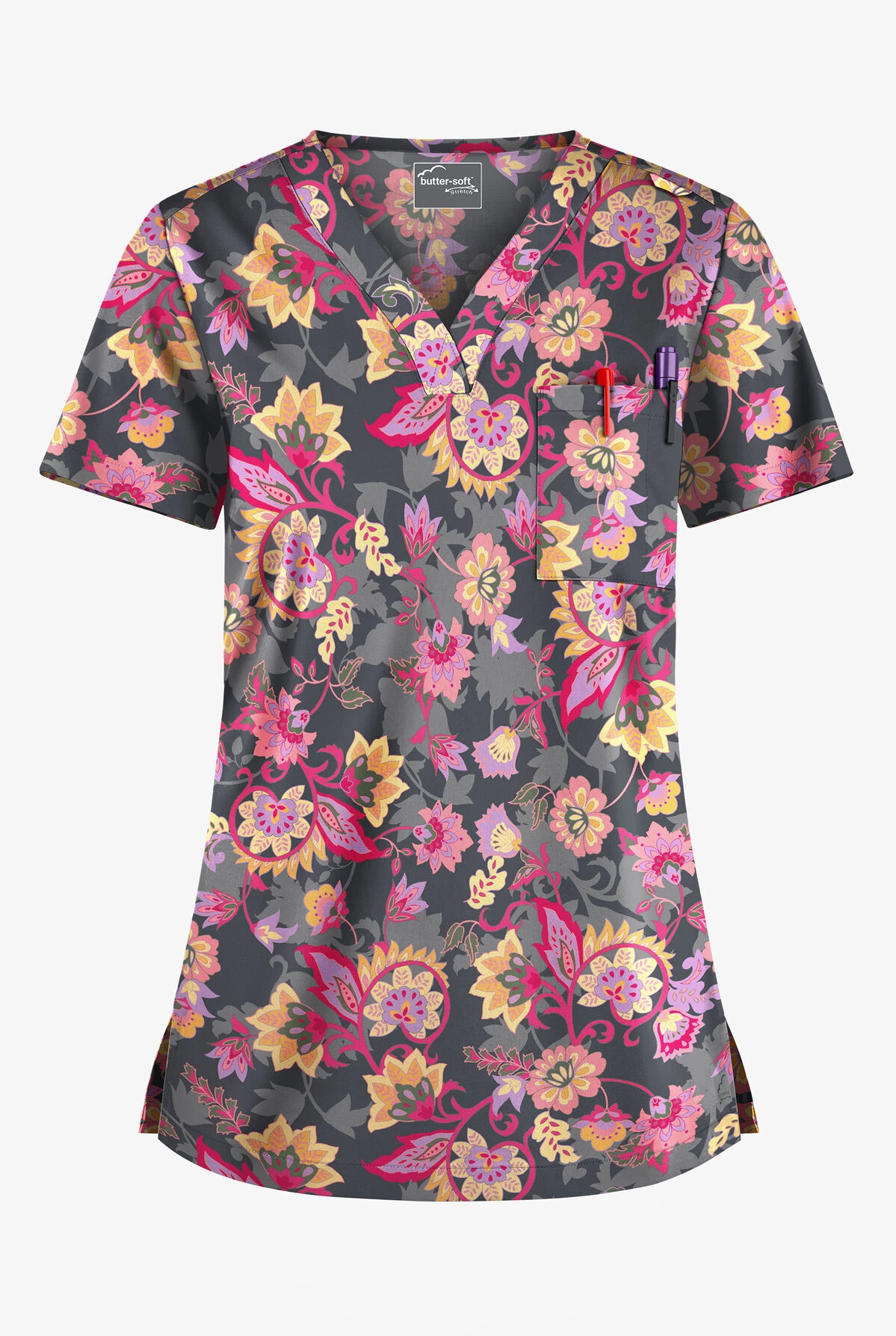 UA Butter-Soft STRETCH Jacobean Spring Pewter Women's 1-Pocket V-Neck Tuck-In Printed Scrub Top