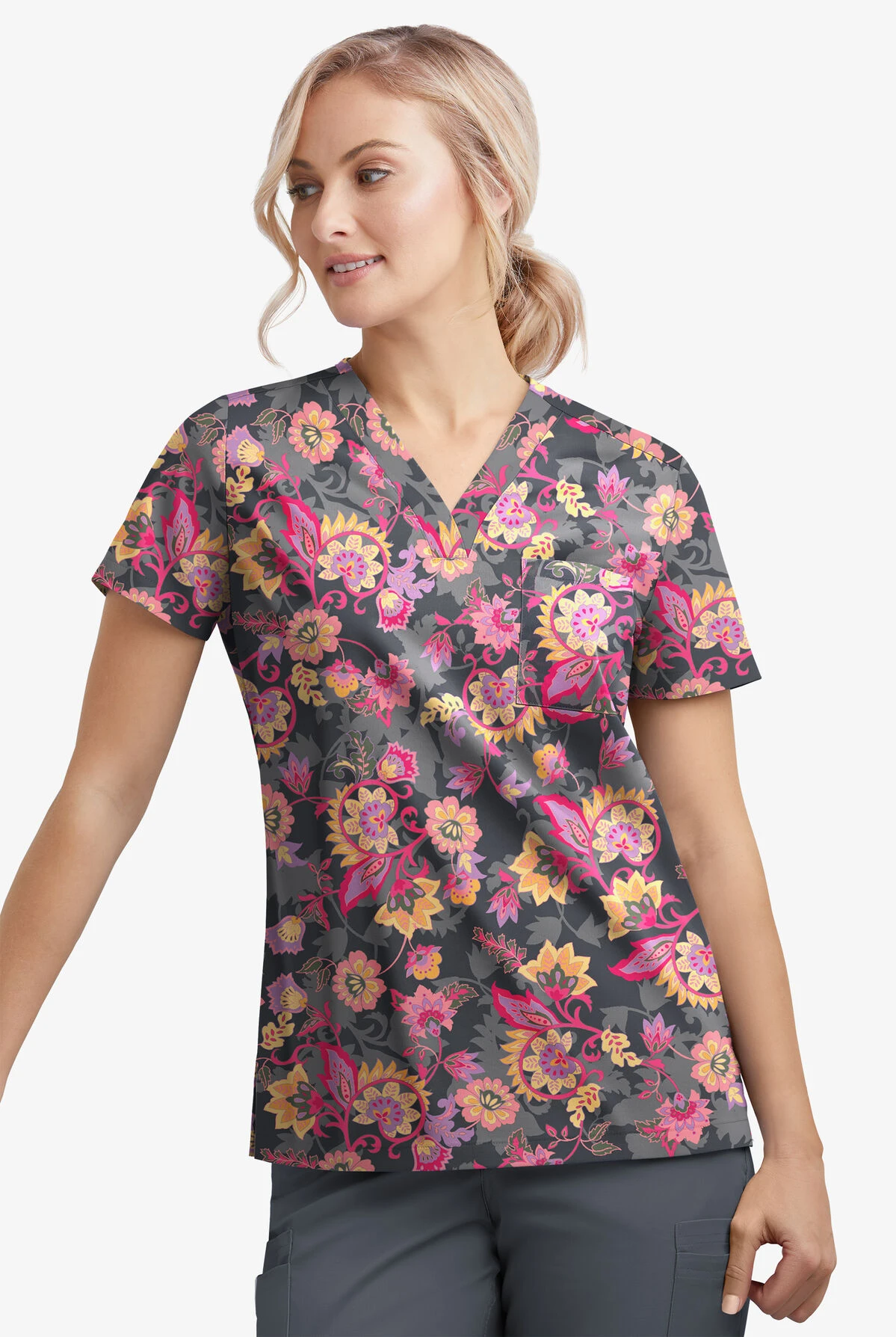 UA Butter-Soft STRETCH Jacobean Spring Pewter Women's 1-Pocket V-Neck Tuck-In Printed Scrub Top - Image 2