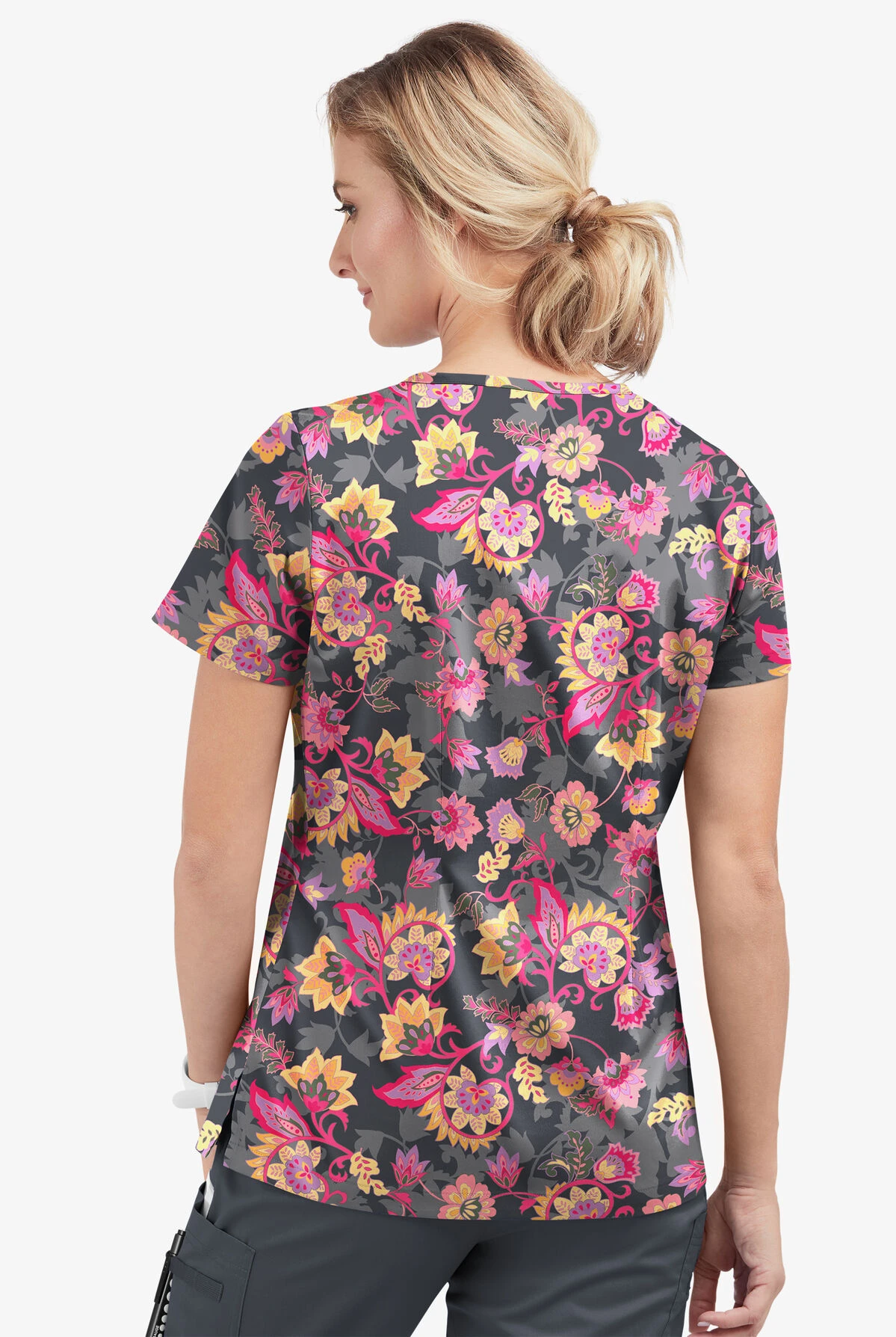 UA Butter-Soft STRETCH Jacobean Spring Pewter Women's 1-Pocket V-Neck Tuck-In Printed Scrub Top - Image 3