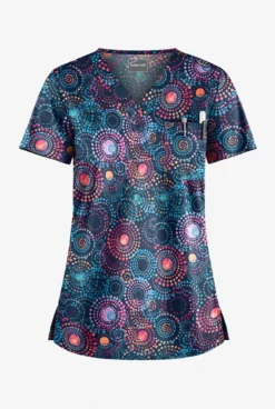 Butter-Soft Pop Circles Navy Women's 1-Pocket V-Neck Tuck-In Print Scrub Top