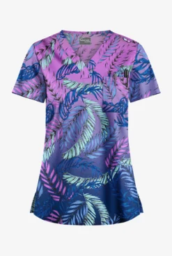 UA Butter-Soft STRETCH Palm Fronds Aqua Moon Women's 1-Pocket V-Neck Print Scrub Top