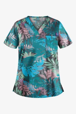 UA Butter-Soft STRETCH Passion Fronds Pewter Women's 1-Pocket V-Neck Print Scrub Top