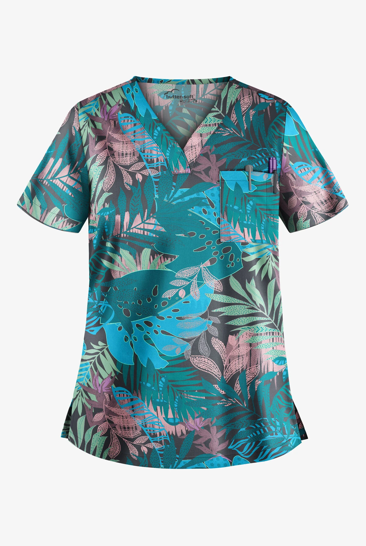 UA Butter-Soft STRETCH Passion Fronds Pewter Women's 1-Pocket V-Neck Print Scrub Top