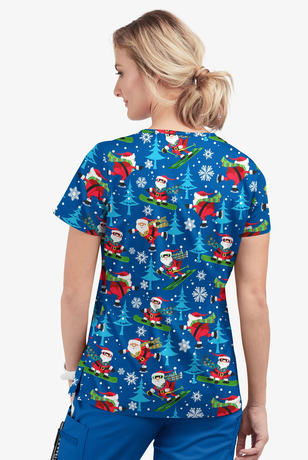 Butter-Soft Santa On Vacation Royal Women's 1-Pocket V-Neck Tuck-In Print Scrub Top - Image 3