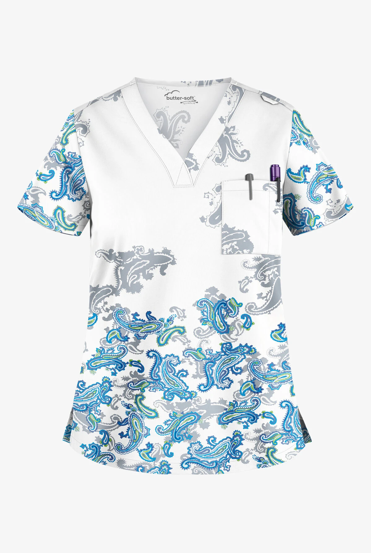 UA Butter-Soft STRETCH Paisley Shadows Women's 1-Pocket V-Neck Print Scrub Top