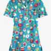 Butter-Soft X-Mas Coco Turquoise Women's 1-Pocket V-Neck Tuck-In Print Scrub Top