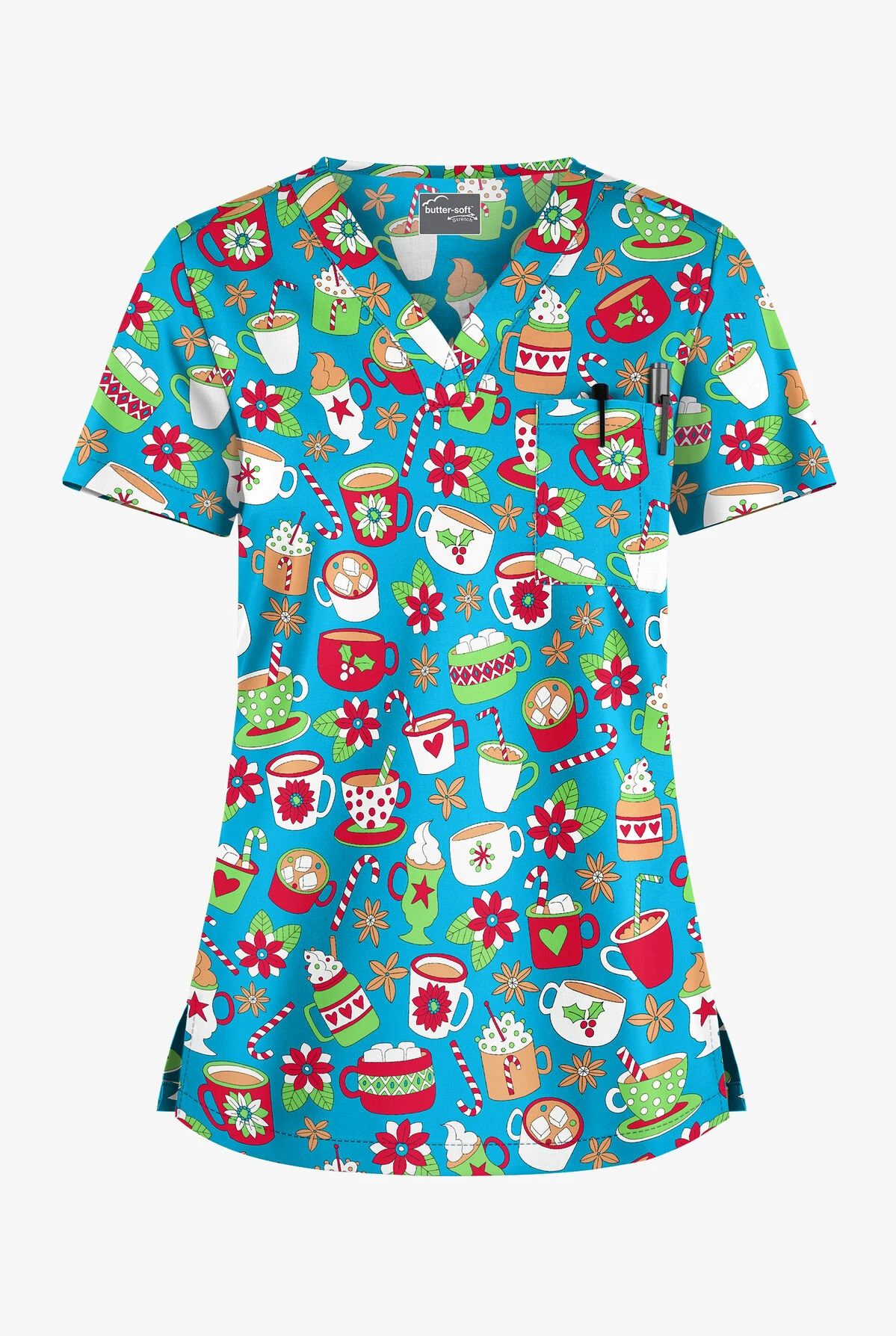 Butter-Soft X-Mas Coco Turquoise Women's 1-Pocket V-Neck Tuck-In Print Scrub Top